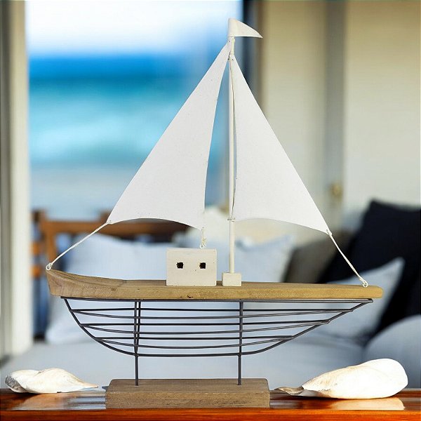 Enfeite Barco 62cm em Metal e Madeira