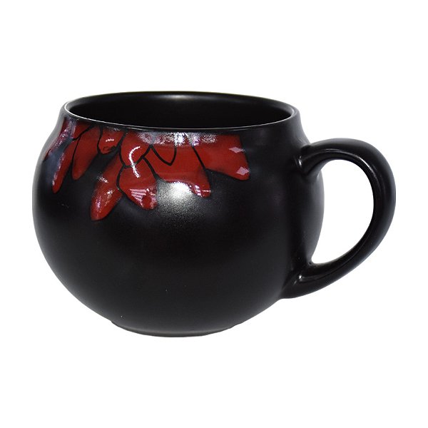Caneca Preta Flor Vermelha Circular em Cerâmica 350 ml