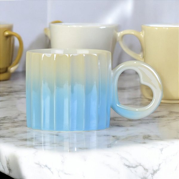 Caneca Duo Azul Alça Coração em Cerâmica