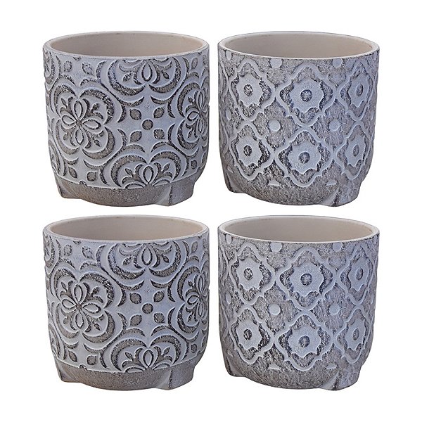 Jogo Com 4 Vasos Rustico Flores em Cerâmica