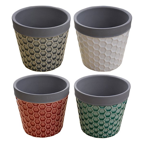 Jogo Com 4 Vasos Cement Colméia em Cerâmica