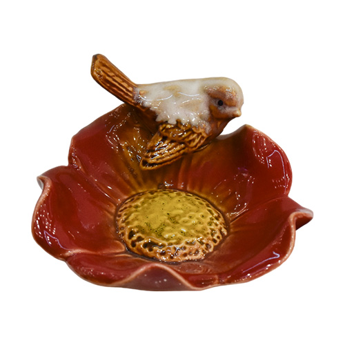 Saboneteira Flor Vermelha Pássaro em Cerâmica