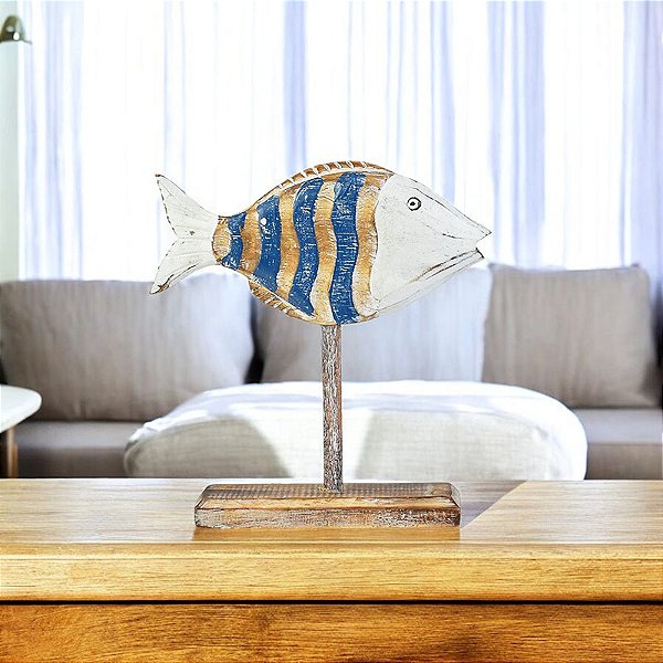 Enfeite Peixe Onda Azul e Branco em Madeira Pequeno