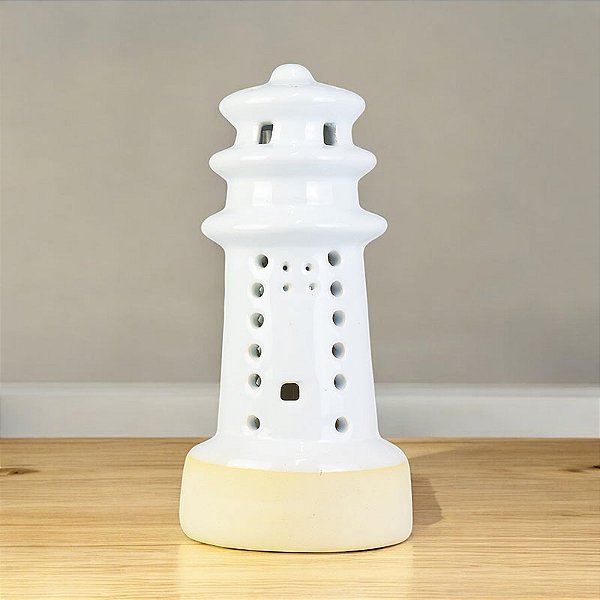 Porta Velas Farol Grande Branco e Bege em Cerâmica