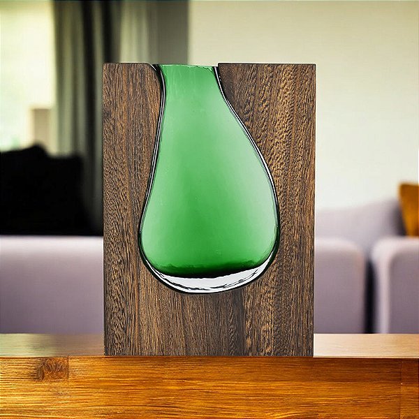 Vaso Retangular de Madeira e Vidro Marrom e Verde