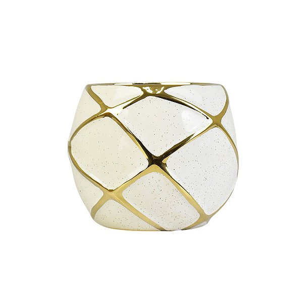 Vaso Branco Losango Redondo Gold em Cerâmica
