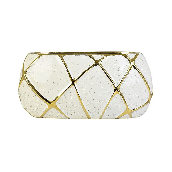 Vaso Branco Losango Retangular Gold em Cerâmica