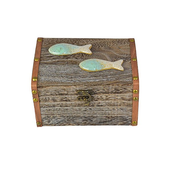 Porta Objetos Bau Cinza com Peixe G em Madeira