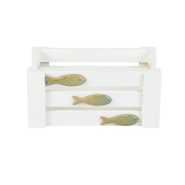 Caixote Branco com Peixes P em Madeira