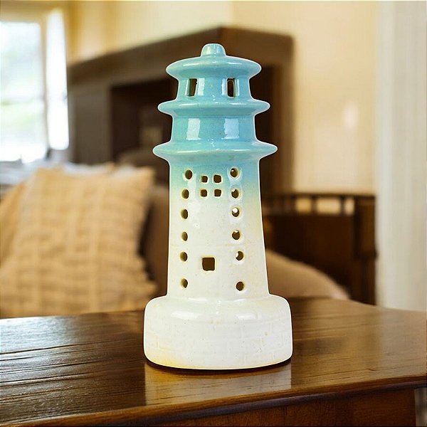 Porta Velas Farol Azul e Branco em Cerâmica