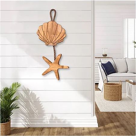 Enfeite Náutico Concha e Estrela em Madeira com Corda