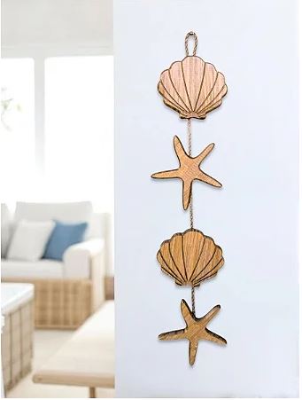 Enfeite Náutico Conchas e Estrelas em Madeira com Corda