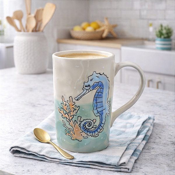 Xícara Cerâmica Branca Com Cavalo Marinho