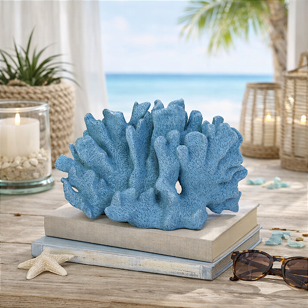 Coral Branco Em Resina Azul