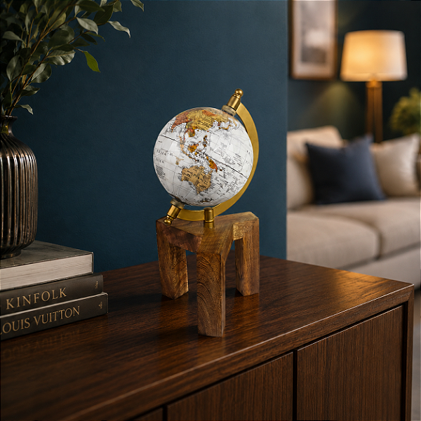 Globo Decorativo Branco com Base Amadeirada P