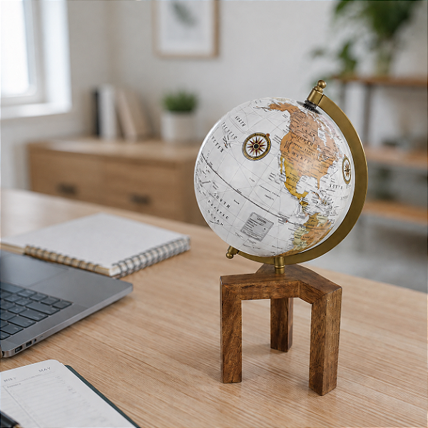 Globo Decorativo Branco com Base Amadeirada M