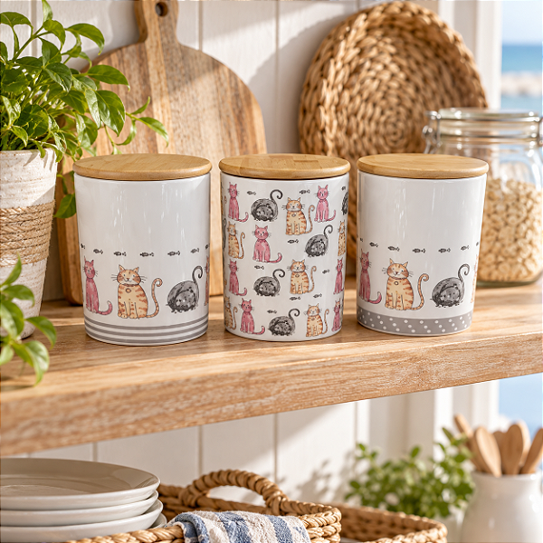Conjunto com 3 Potes Decorativos Gatinhos