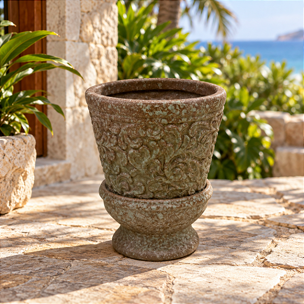 Vaso Decorativo Rústico com Relevo Floral