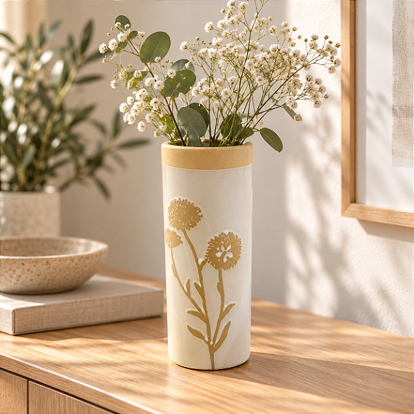 Vaso Decorativo Cilíndrico com Estampa Floral