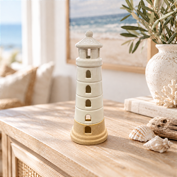 Enfeite Decorativo Farol Branco com Base Bege