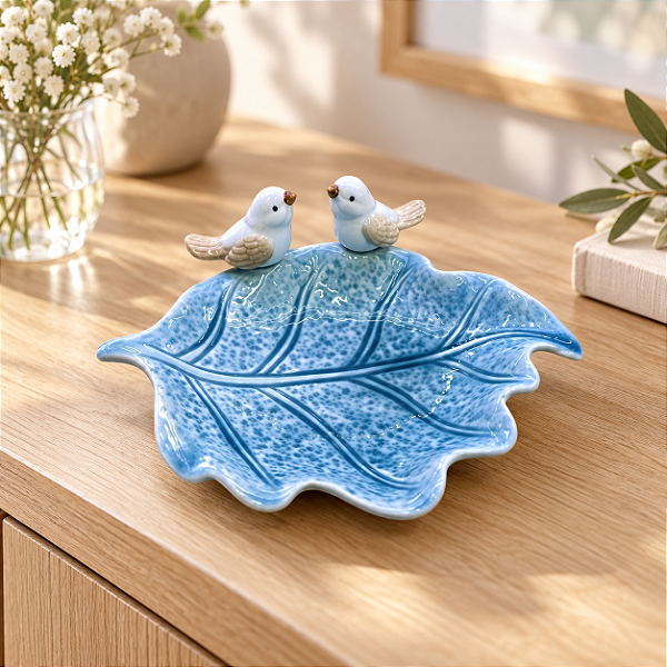 Enfeite Decorativo Folha Azul com Pássaros