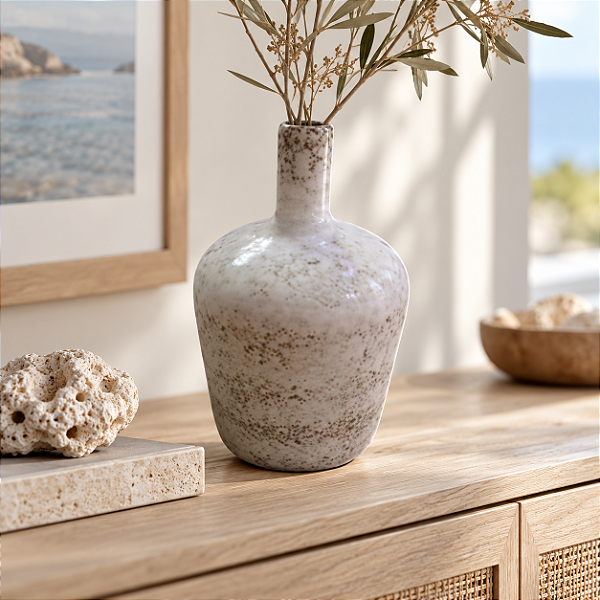 Vaso Decorativo Branco Marmorizado com Gargalo Alto