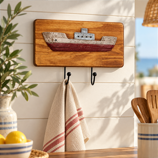 Cabideiro Decorativo de Madeira com Barco Vermelho de Resina