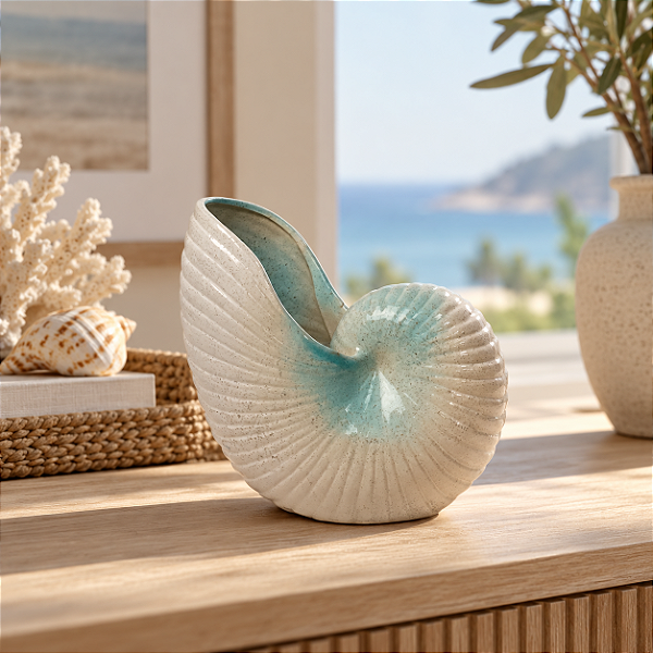 Vaso Decorativo Concha Náutilus Verde-Água