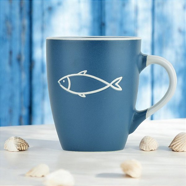 Caneca Azul Nautica Peixe em Cerâmica