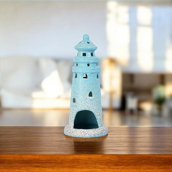 Porta Velas Farol Azul Médio em Cerâmica