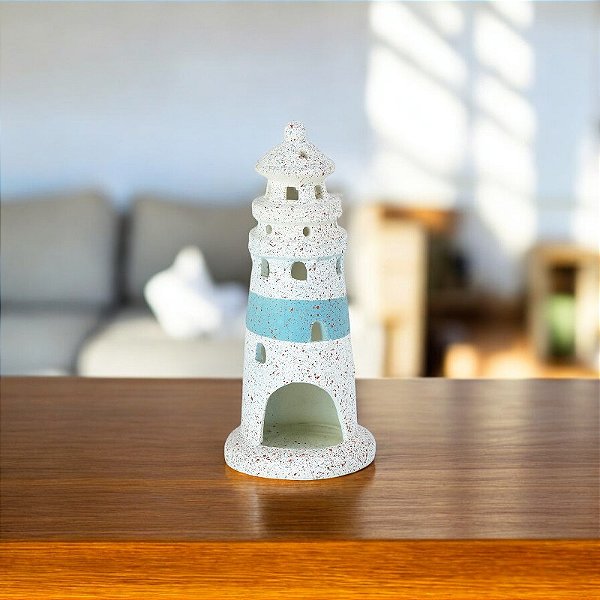 Porta Velas Farol Branco Médio em Cerâmica