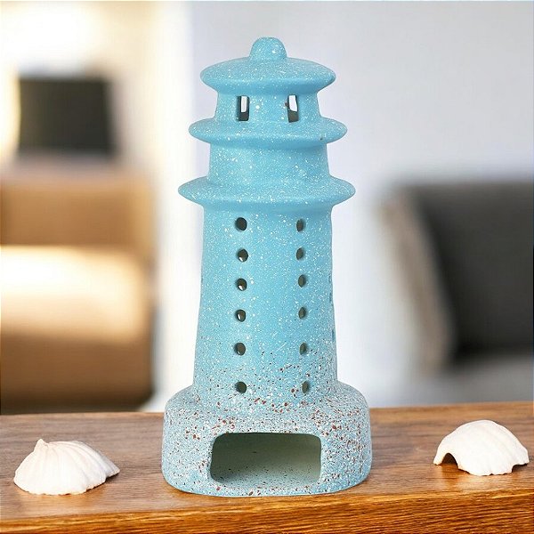 Porta Velas Farol Azul Grande em Cerâmica