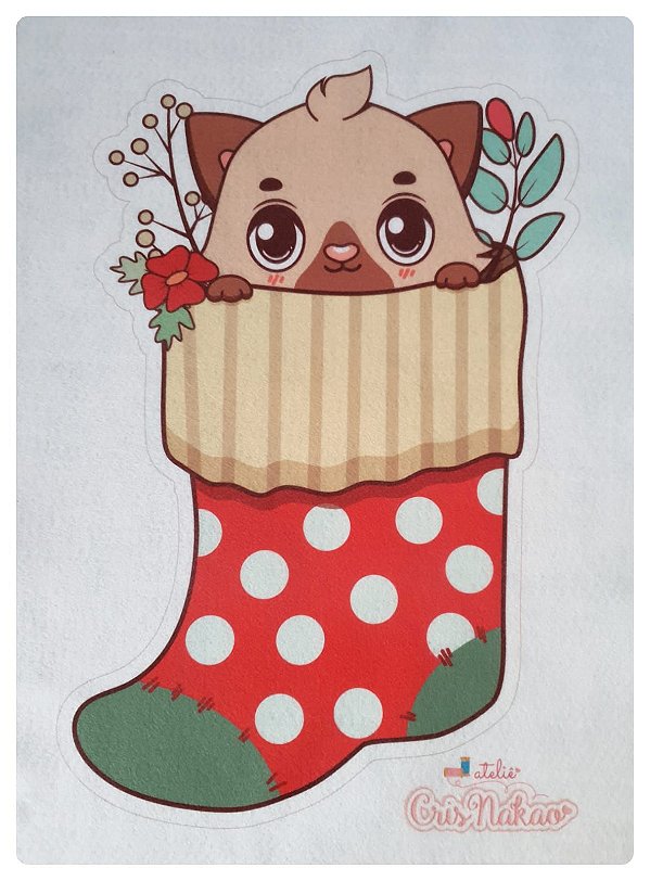 Feltro Estampado - Meia de Natal - Gatinho Vermelho