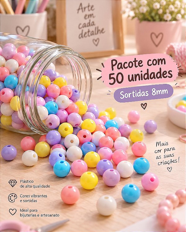 Miçanga Cores Candy 8mm - Furo Passante - 50 unidades.
