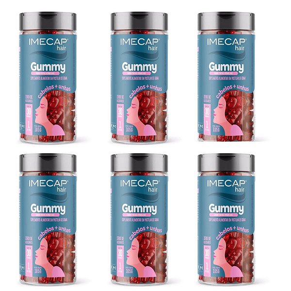 Imecap Hair Gummy Suplemento Vitamínico Para Cabelos e Unhas Com 30 Gomas Sabor Frutas Vermelhas 6 Unidades