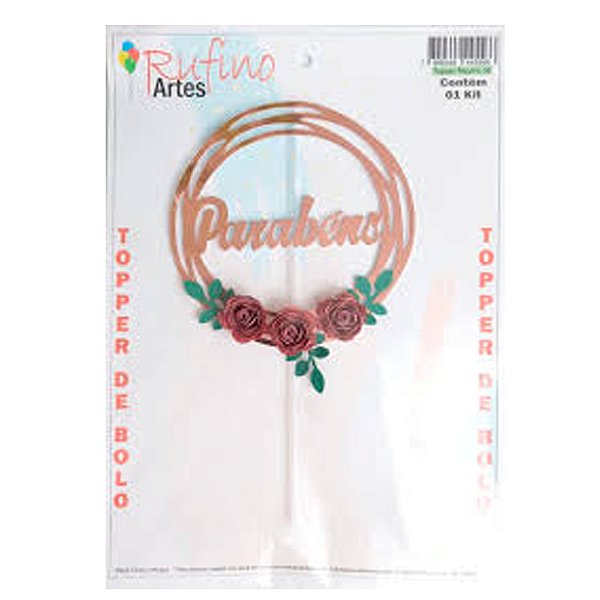 Topo de Bolo Círculo Rose Gold com Rosas Rose Gold - Artes Rufino