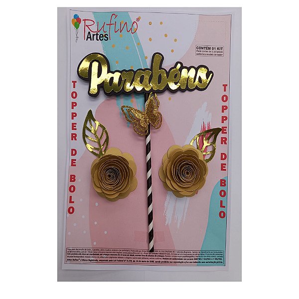 Topo de Bolo Floral Dourado - Artes Rufino