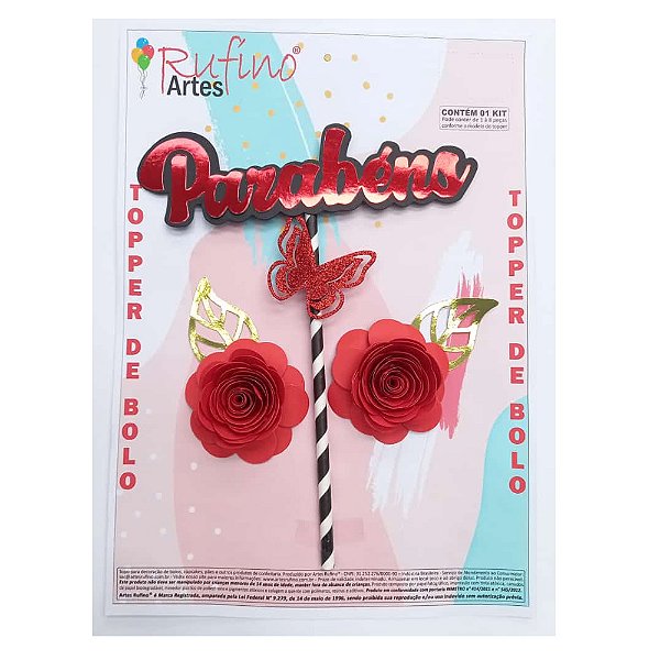 Topo de Bolo Floral Vermelho - Artes Rufino