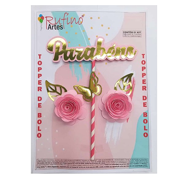 Topo de Bolo Floral Rosa - Artes Rufino