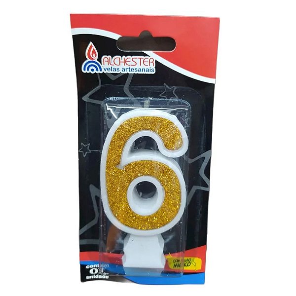 Vela Glitter Ouro Número 6 - Alchester