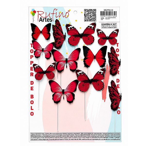 Topo De Bolo Borboleta Vermelha - Artes Rufino