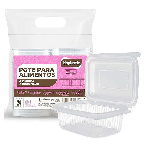 Pote Retangular com Tampa Articulada 750ml 24un - Rioplastic