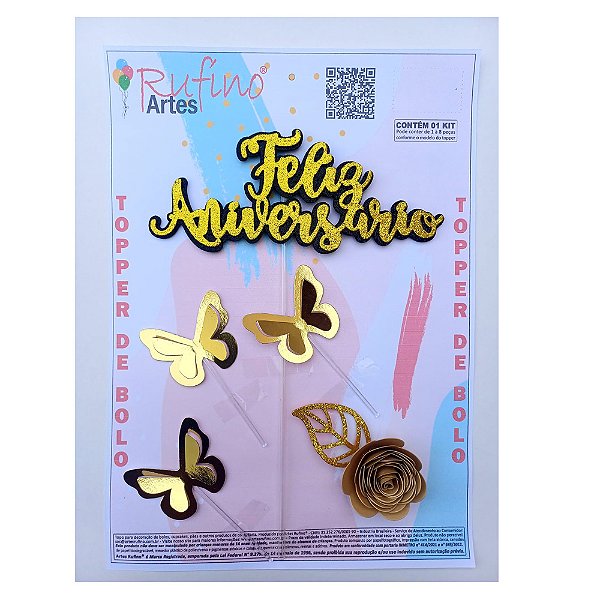 Topo de Bolo Feliz Aniversário EVA Flor/Borboleta Dourado - Artes Rufino