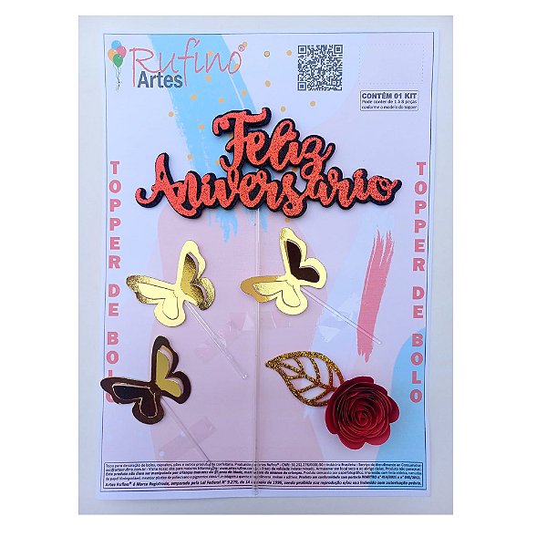 Topo de Bolo Feliz Aniversário EVA Flor/Borboleta Vermelho - Artes Rufino