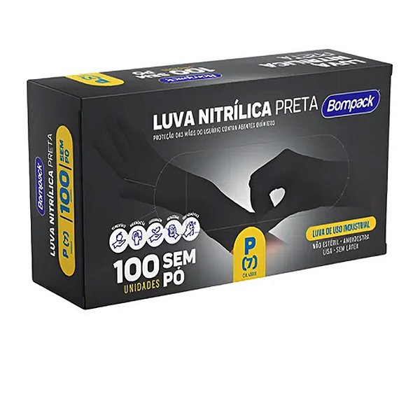 Luva Nitrílica Preta P  100un - Bompack