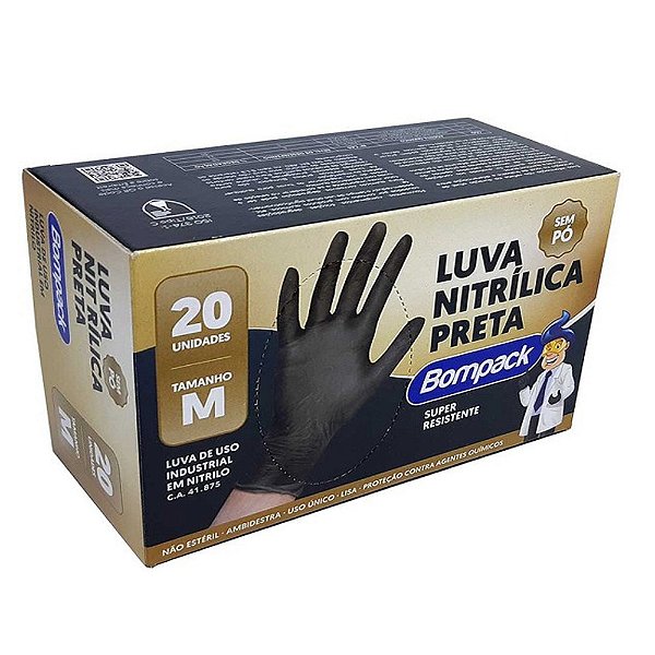 Luva Nitrílica Preta M 20un - Bompack