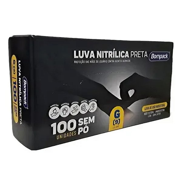 Luva Nitrílica Preta G 100un - Bompak