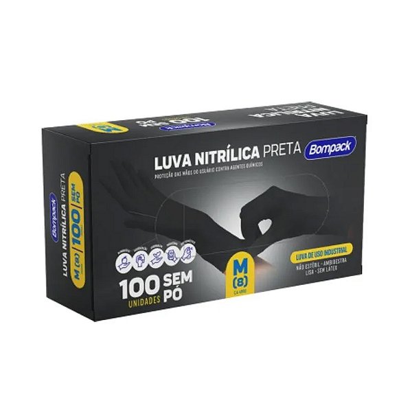 Luva Nitrílica Preta M 100un - Bompak