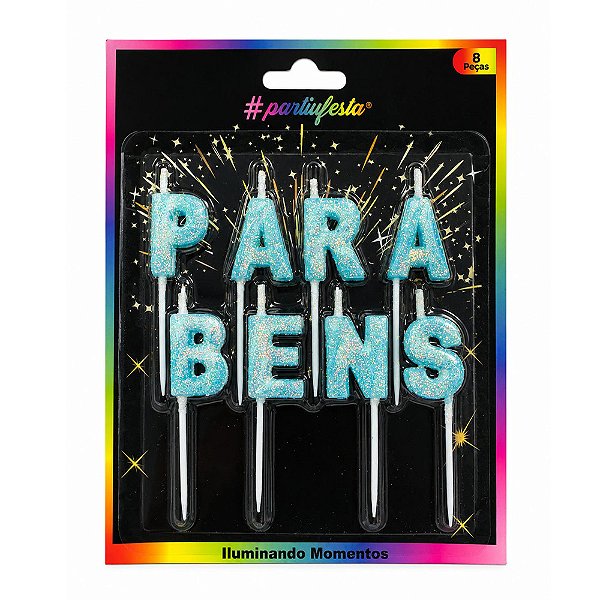Vela Parabéns Glitter Azul Candy - Partiu Festa