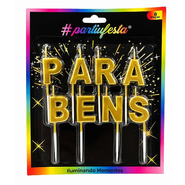 Vela Parabéns Metalizada Dourada 3cm 8un - Partiu Festa
